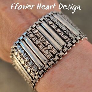 Artisan Sterling Rajasthani Wide Decorative Heart Flower Embossed Link Bracelet